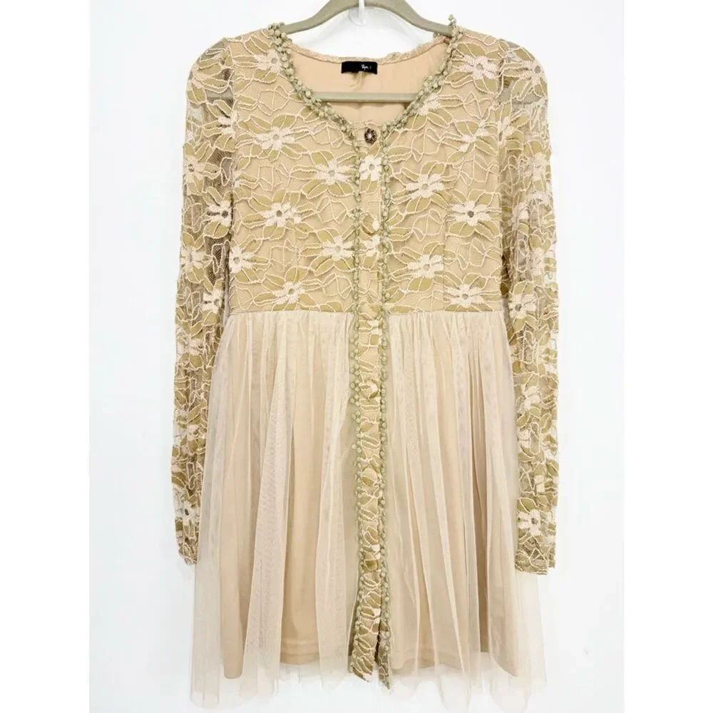 Ryu Whimsical Tan Floral Mesh Lace Tulle Skirt Long Sleeve Button Front Dress